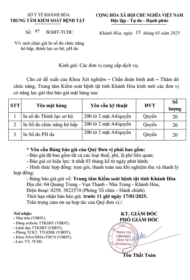 Mời chào giá In sổ đo chức năng hô hấp, thính lực sơ bộ, pH da